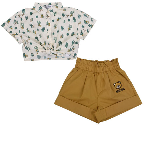 Ivory Cactus Tie Shirt & Olive Logo Shorts Set