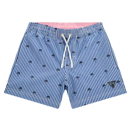Blue & White Striped Palm Tree Swim Shorts
