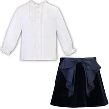 Load image into Gallery viewer, Ivory Blouse & Navy Velvet Bow Skirt