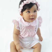 Load image into Gallery viewer, Pink &amp; White Bow Dungaree Set