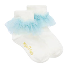 Load image into Gallery viewer, White &amp; Aqua &#39;Frilly&#39; Socks