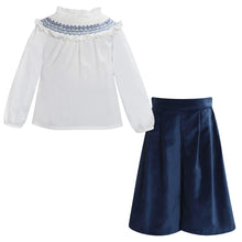 Load image into Gallery viewer, French Navy Velvet Culottes & Smocked Blouse Set