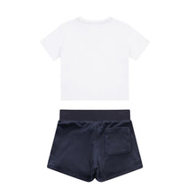 Load image into Gallery viewer, White T-Shirt & Navy Velour Shorts Set