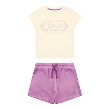 Load image into Gallery viewer, Cream T-Shirt & Purple Velour Shorts Set