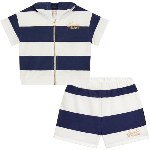 White & Navy Striped Short Set