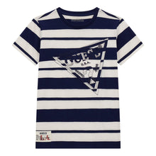 Load image into Gallery viewer, White &amp; Navy Striped Logo T-Shirt