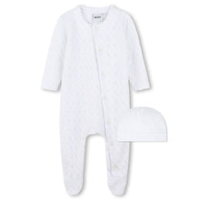 Load image into Gallery viewer, White Velour Monogram Logo Babygrow &amp; Hat Gift Boxed