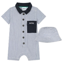 Load image into Gallery viewer, White &amp; Navy Striped Romper Hat Set Gift Boxed