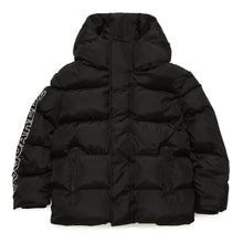 Load image into Gallery viewer, Black Hooded Logo Arm Puffer Coat