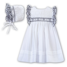 Load image into Gallery viewer, White &amp; Navy Dress &amp; Bonnet