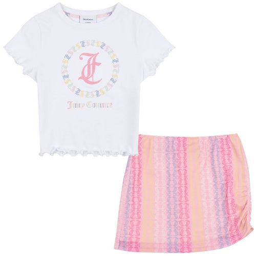 Pink Multicolour Skirt & White T-Shirt Set