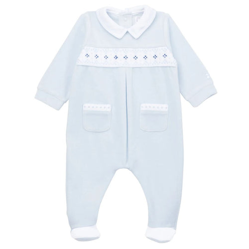 Blue Velour Embroidered Babygrow
