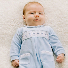 Load image into Gallery viewer, Blue Velour Embroidered Babygrow