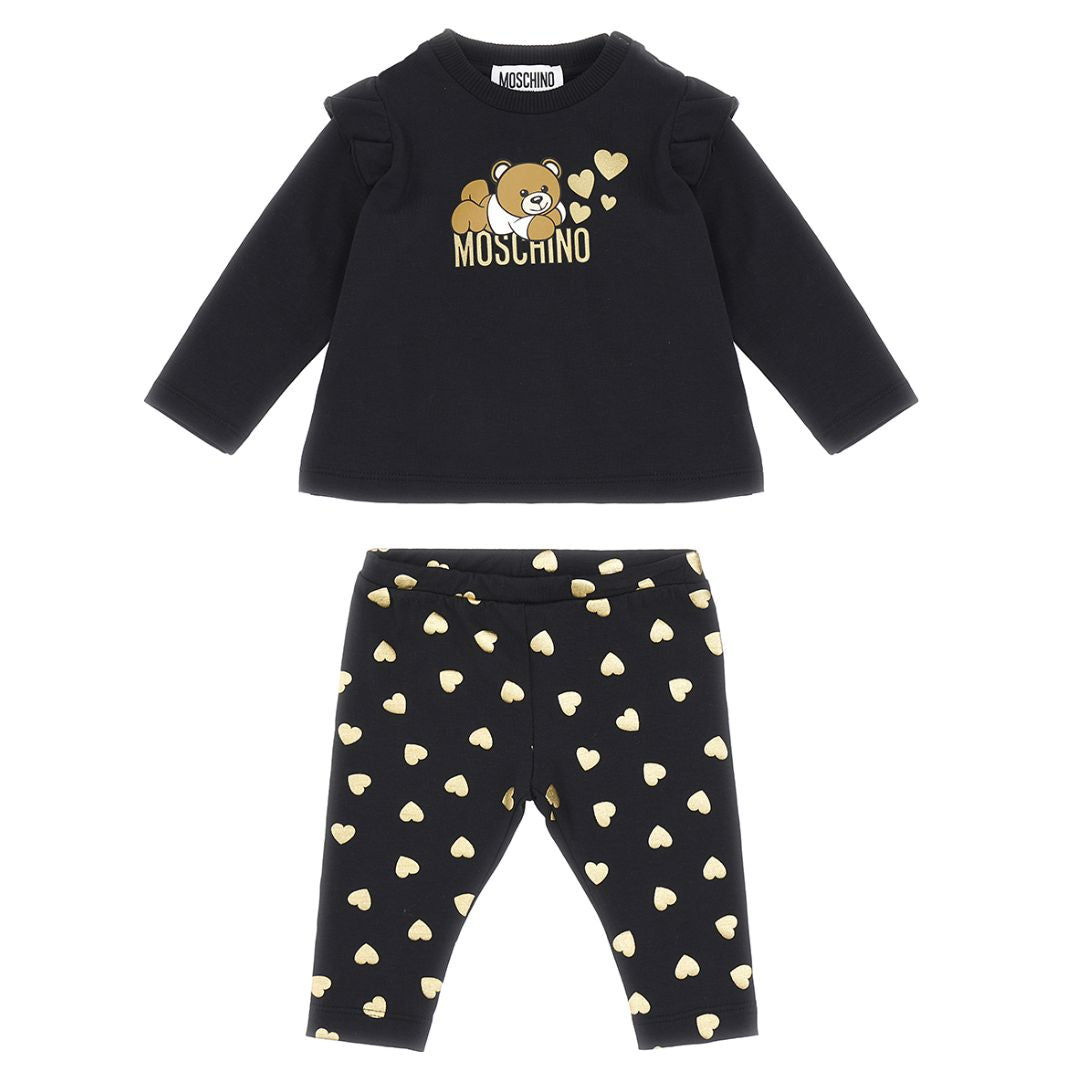 Moschino Baby Girls Black Teddy Metallic Gold Hearts Set