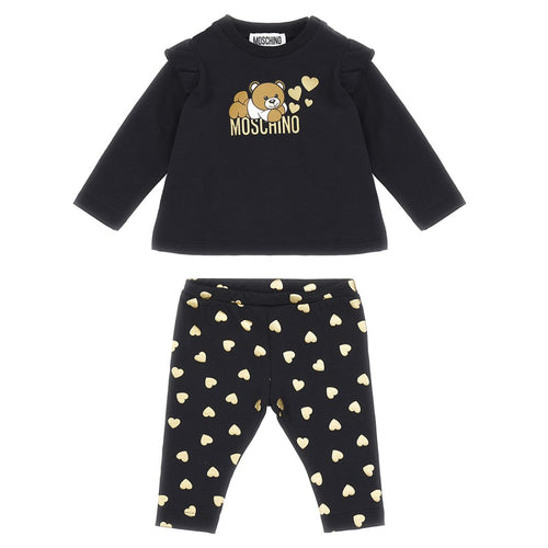 Baby Girls Black Teddy & Metallic Gold Hearts Set
