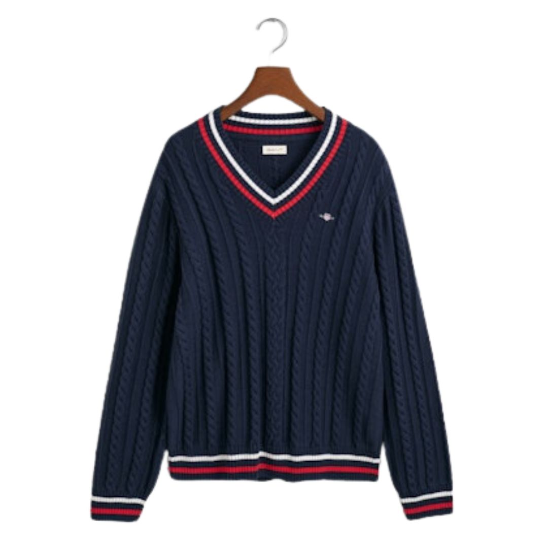 Gant Navy Cable Knit V Neck Jumper – Village Kids