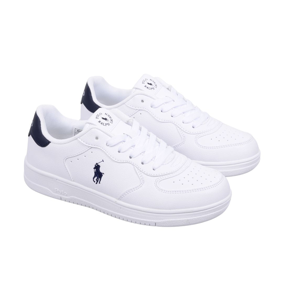 White & Navy Lace Up Trainers