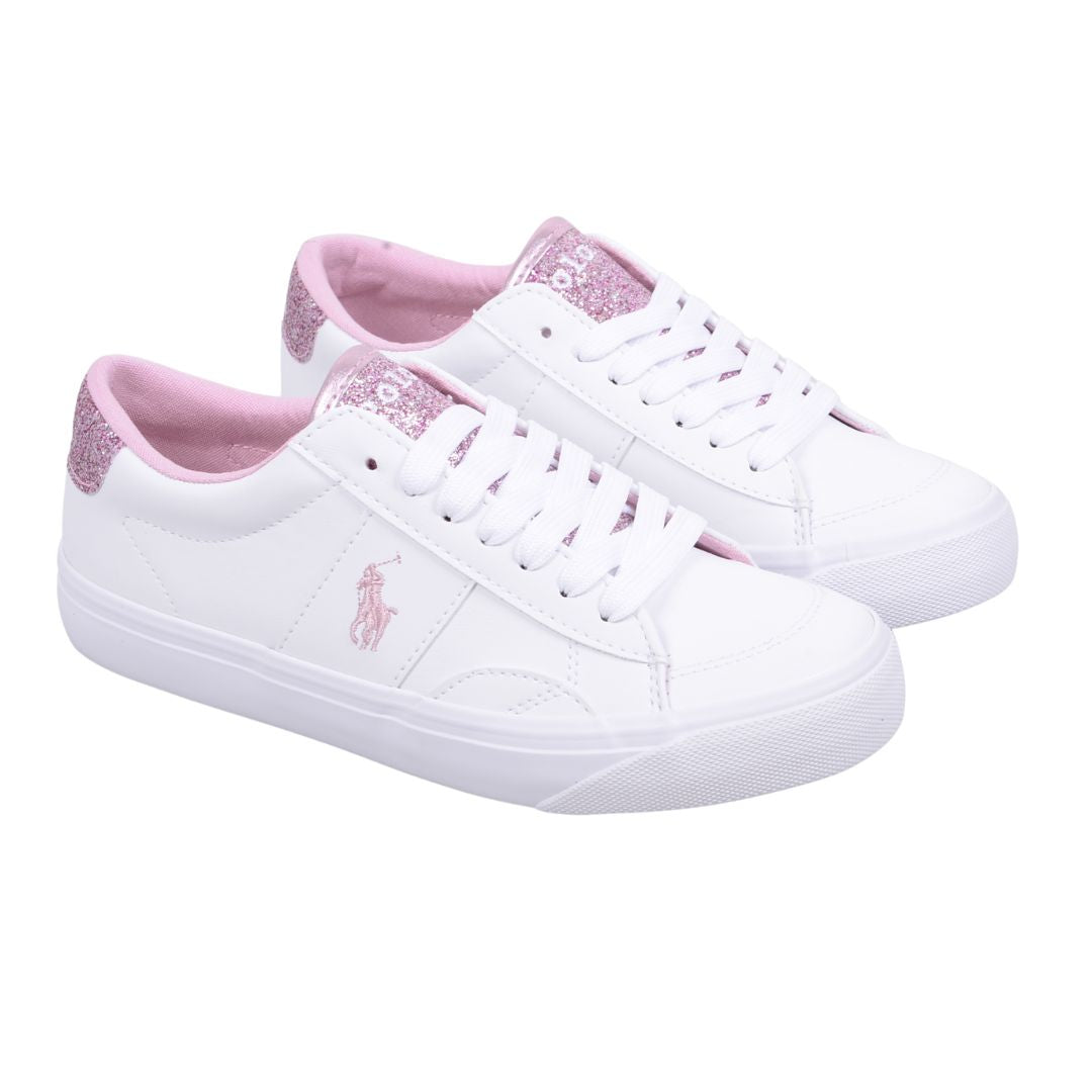 White & Pink Glitter Lace Up Trainers