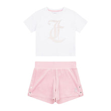Load image into Gallery viewer, White T-Shirt &amp; Pink Velour Shorts Set