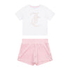 White T-Shirt & Pink Velour Shorts Set