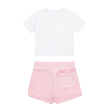 Load image into Gallery viewer, White T-Shirt &amp; Pink Velour Shorts Set