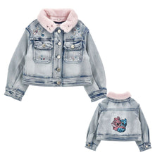Load image into Gallery viewer, Blue Denim &quot;Stitch&quot; Rhinestone &amp; Fur Jacket