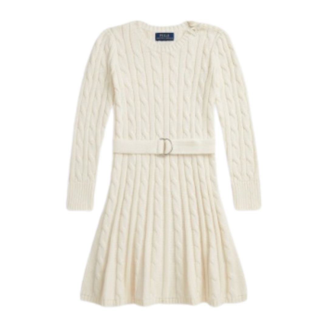 PRE ORDER - Girls Cream Cable Knit Belted Dress