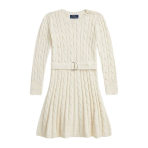 PRE ORDER - Girls Cream Cable Knit Belted Dress