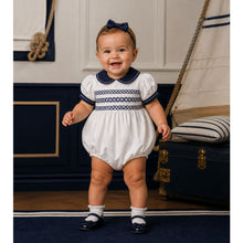 Load image into Gallery viewer, White &amp; Navy Trim Smocked Romper
