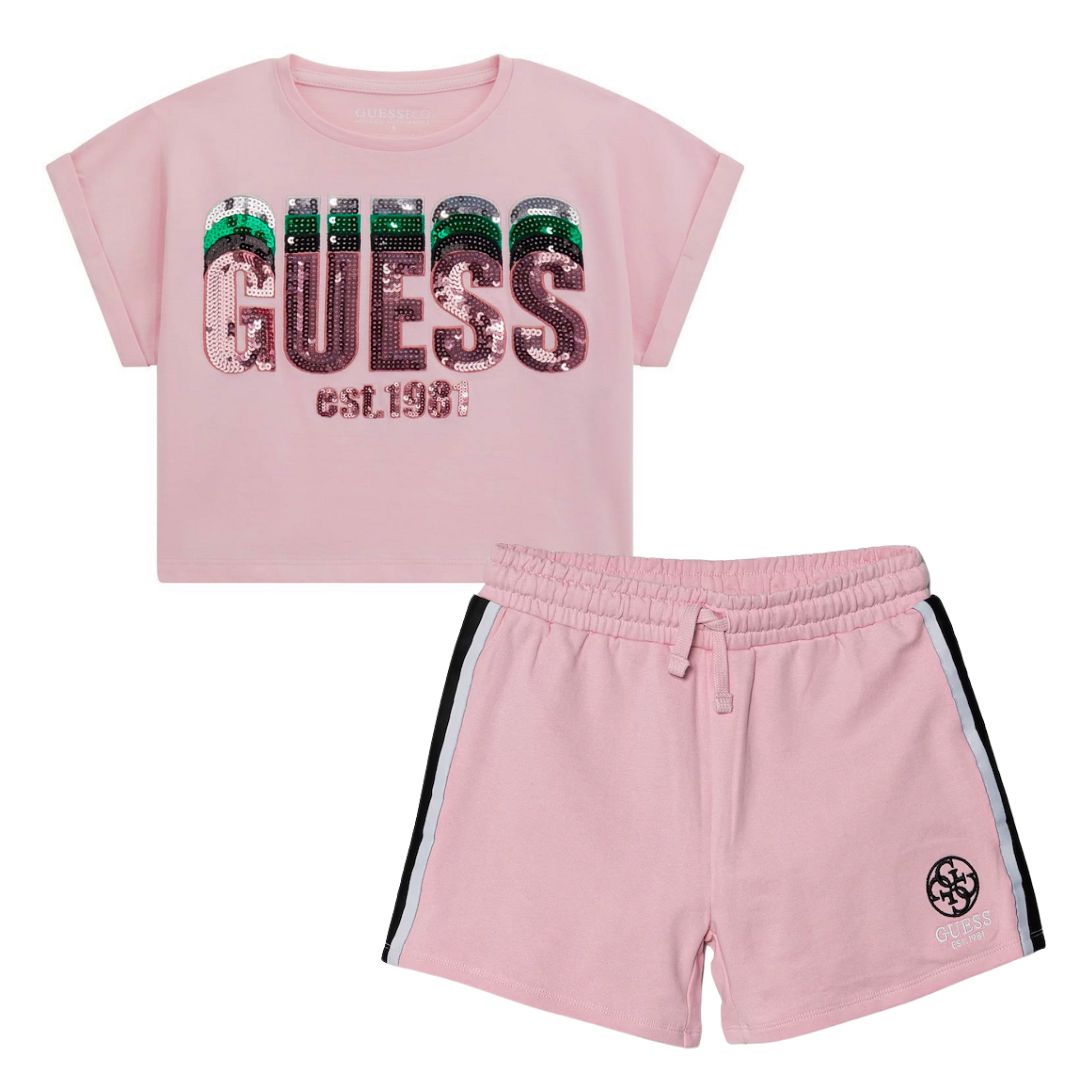 Pale Pink Sequin Logo T-Shirt & Shorts