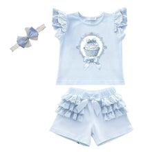 Load image into Gallery viewer, Blue Cupcake Shorts Set &amp; Headband