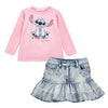 PRE ORDER - Denim "Stitch" Skirt & Pink Top Set