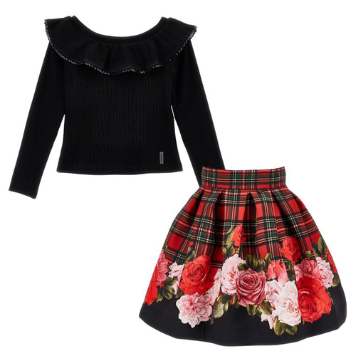 PRE ORDER - Red & Black Tartan & Roses Skirt Set