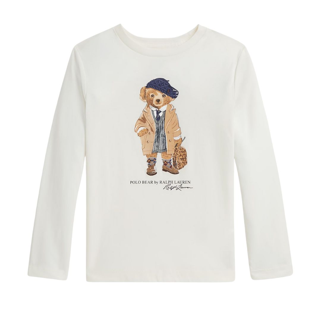 Girls Ivory LS Polo Bear Top