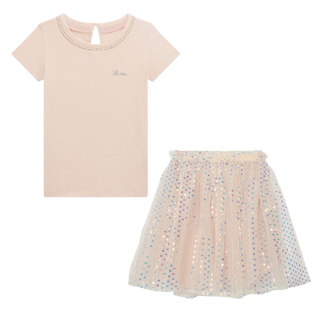 Peachy Pink Sequin Skirt & T-Shirt