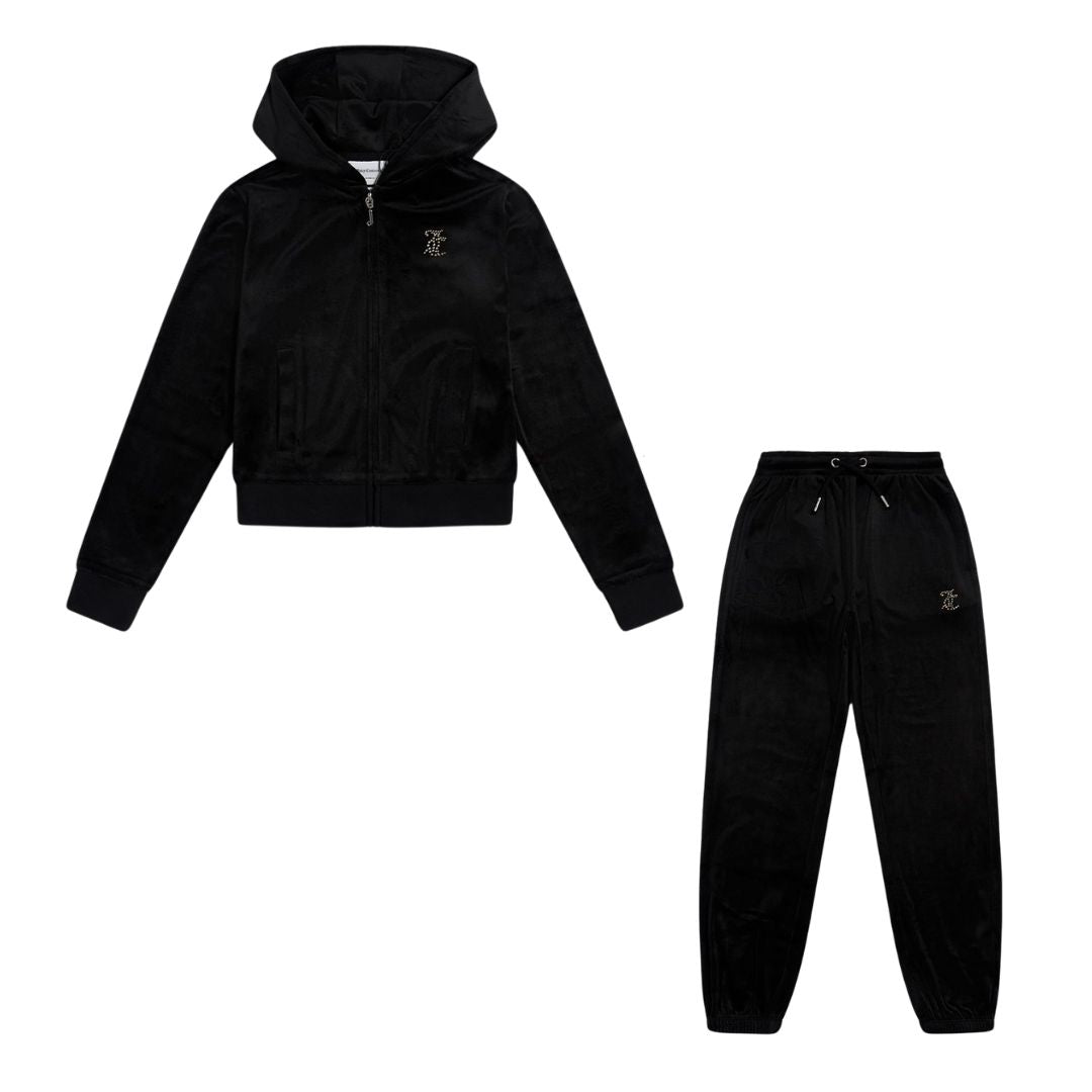 Black Slim Leg Glitter & Diamante Logo Tracksuit