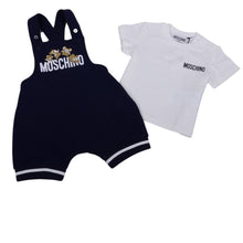 Load image into Gallery viewer, White Logo T-Shirt &amp; Navy Bear Dungaree Set