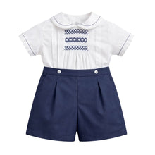 Load image into Gallery viewer, White &amp; Navy Smocked Shorts Set