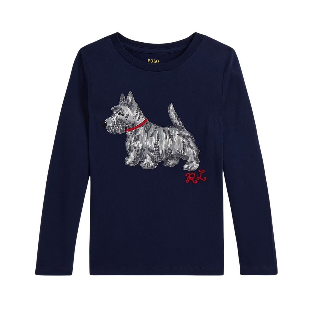 Girls Navy Embroidered Scotty Dog LS Top