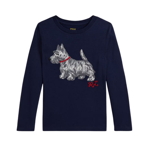 Girls Navy Embroidered Scotty Dog LS Top