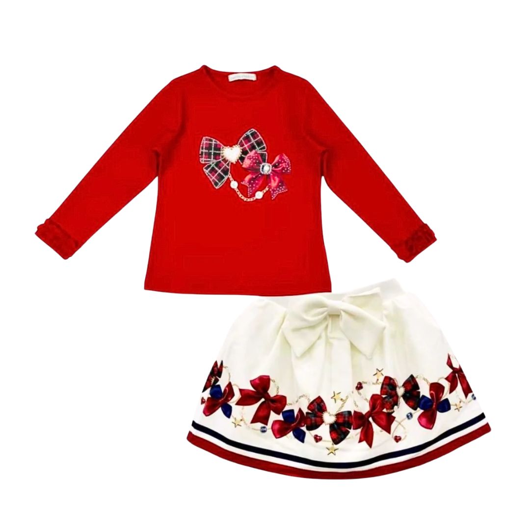 Red & Ivory Bow Skirt Set