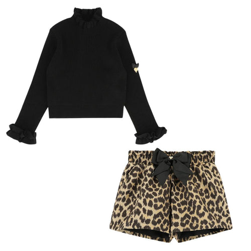 Leopard Shorts & Black Ribbed Jumper Set