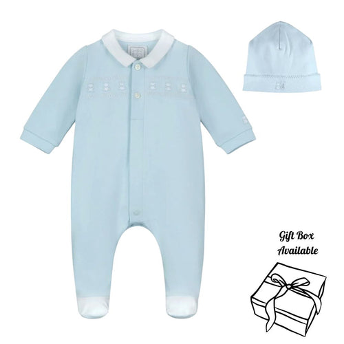 Blue Embroidered Teddy Babygrow & Hat