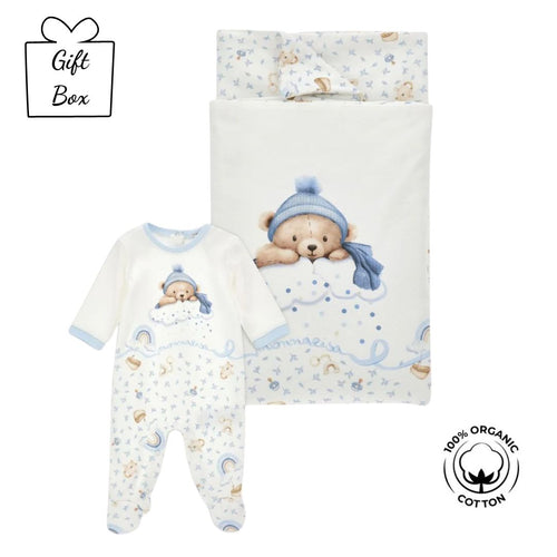 Blue Teddy Babygrow & Blanket Set