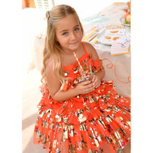 Load image into Gallery viewer, Deep Orange Foil Print Ruffle Dress