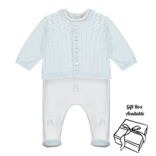 Load image into Gallery viewer, White &amp; Blue Babygrow &amp; Cardigan Set