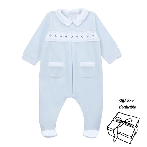 Blue Velour Embroidered Babygrow