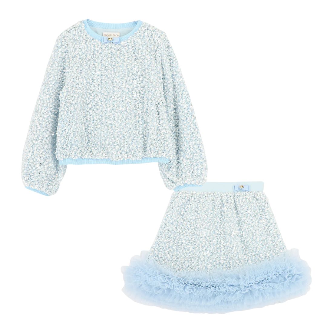 Pale Blue Boucle Sequin Skirt Set