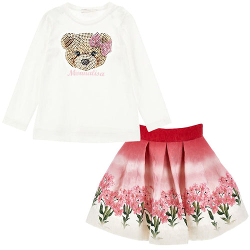 Pink & White Bear & Bouquet Skirt Set