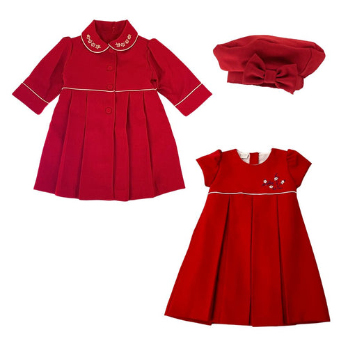 Red Embroidered Pleat Dress, Coat & Hat